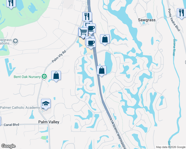 map of restaurants, bars, coffee shops, grocery stores, and more near 838 Tournament Road in Palm Valley