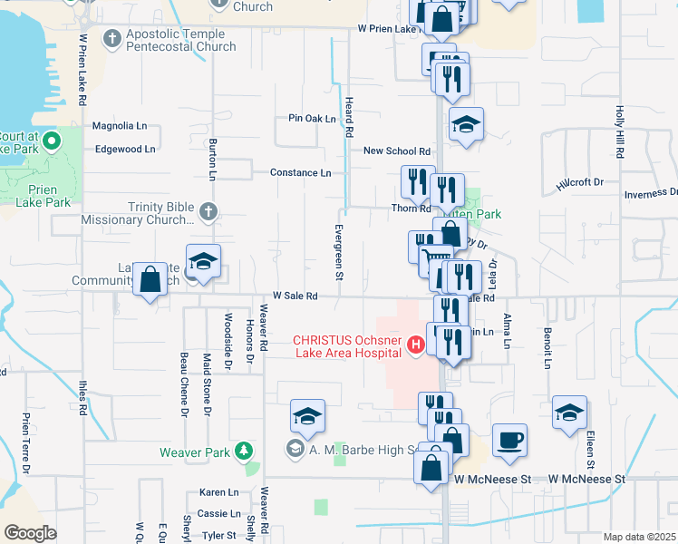 map of restaurants, bars, coffee shops, grocery stores, and more near 4016 Brinlee Street in Lake Charles