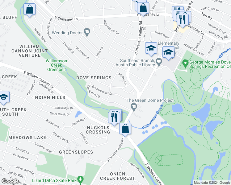 map of restaurants, bars, coffee shops, grocery stores, and more near 4900 Brassiewood Drive in Austin