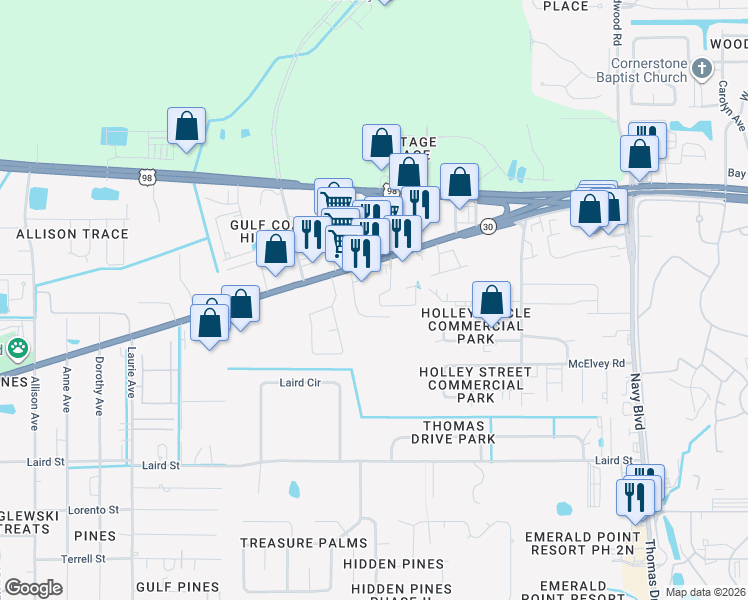 map of restaurants, bars, coffee shops, grocery stores, and more near 2125 Sterling Cove Boulevard in Panama City Beach