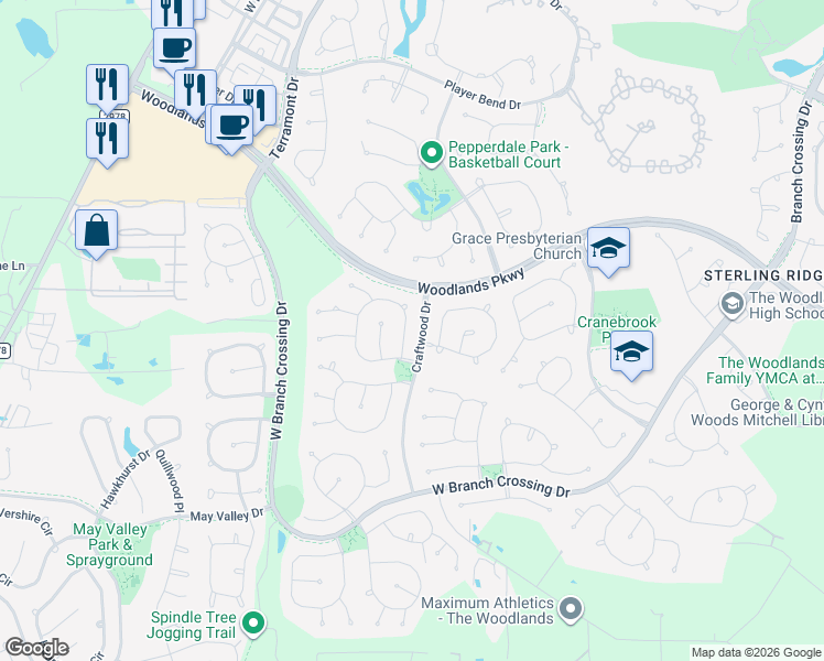 map of restaurants, bars, coffee shops, grocery stores, and more near 22 Bryce Branch Circle in The Woodlands