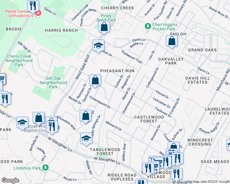 map of restaurants, bars, coffee shops, grocery stores, and more near 2704 Dupoint Cove in Austin