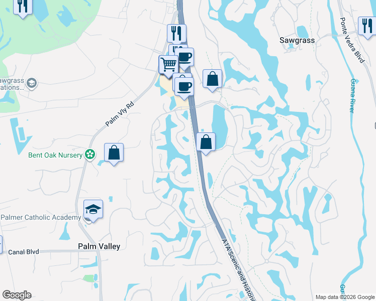 map of restaurants, bars, coffee shops, grocery stores, and more near 838 Tournament Road in Palm Valley