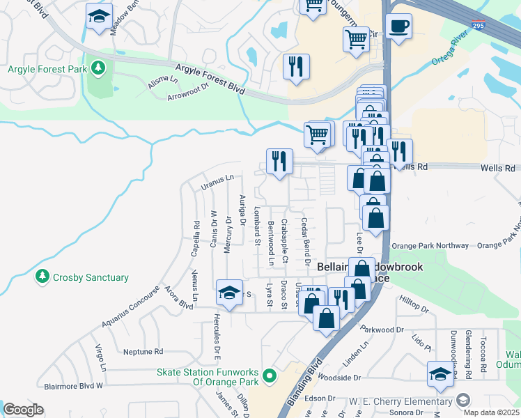 map of restaurants, bars, coffee shops, grocery stores, and more near 459 Lombard Street in Orange Park