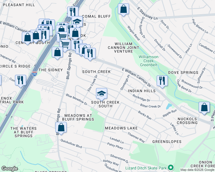 map of restaurants, bars, coffee shops, grocery stores, and more near 2116 Bitter Creek Dr in Austin
