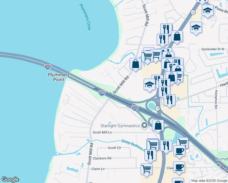 map of restaurants, bars, coffee shops, grocery stores, and more near 10562 Scott Mill Road in Jacksonville