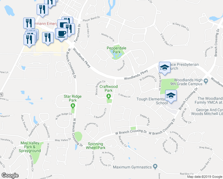 map of restaurants, bars, coffee shops, grocery stores, and more near 22 Bryce Branch Circle in The Woodlands