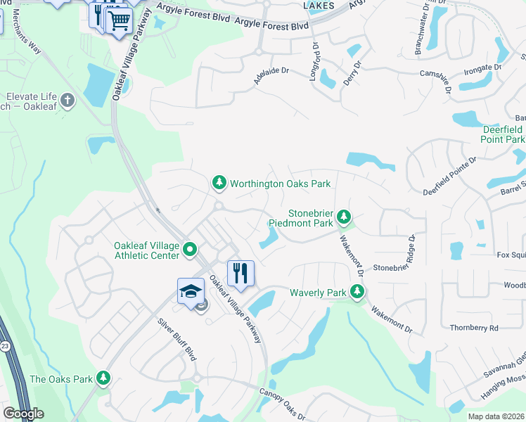 map of restaurants, bars, coffee shops, grocery stores, and more near Millstone Drive in Orange Park
