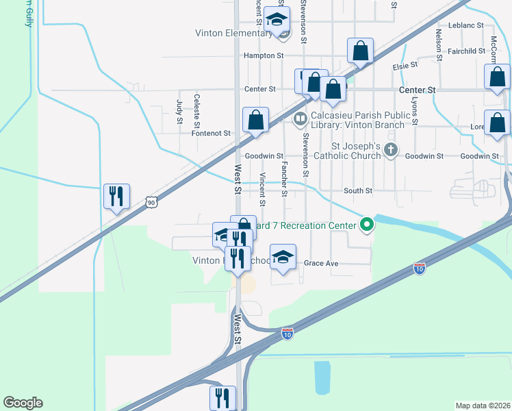map of restaurants, bars, coffee shops, grocery stores, and more near 1611 West St in Vinton
