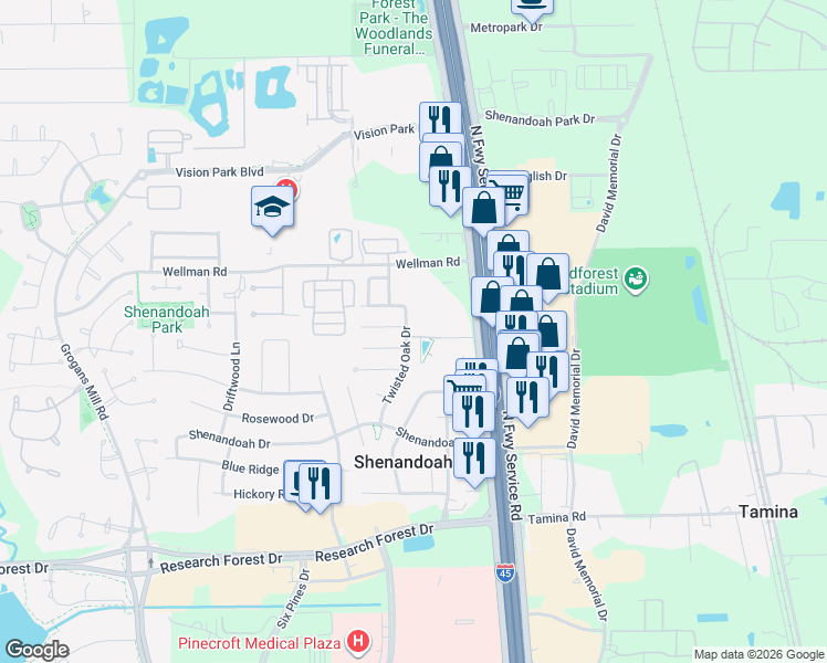 map of restaurants, bars, coffee shops, grocery stores, and more near 28962 Twisted Oak Drive in Shenandoah