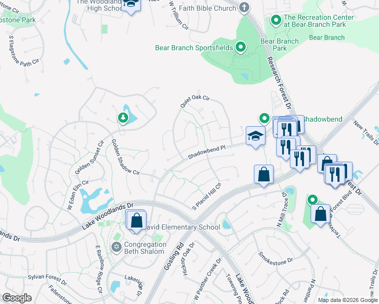 map of restaurants, bars, coffee shops, grocery stores, and more near 24 Cornerbrook Place in Spring