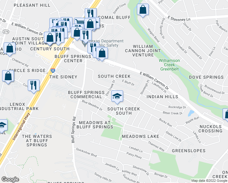 map of restaurants, bars, coffee shops, grocery stores, and more near 2013 Bitter Creek Drive in Austin