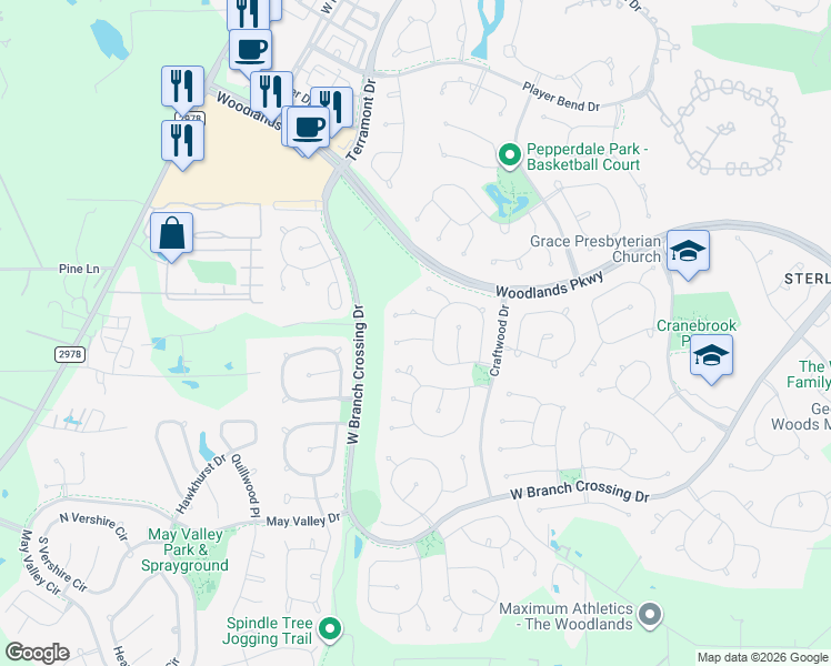 map of restaurants, bars, coffee shops, grocery stores, and more near 14 Griffin Hill Court in Spring