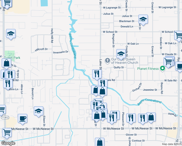 map of restaurants, bars, coffee shops, grocery stores, and more near 908 Garden Ln in Lake Charles