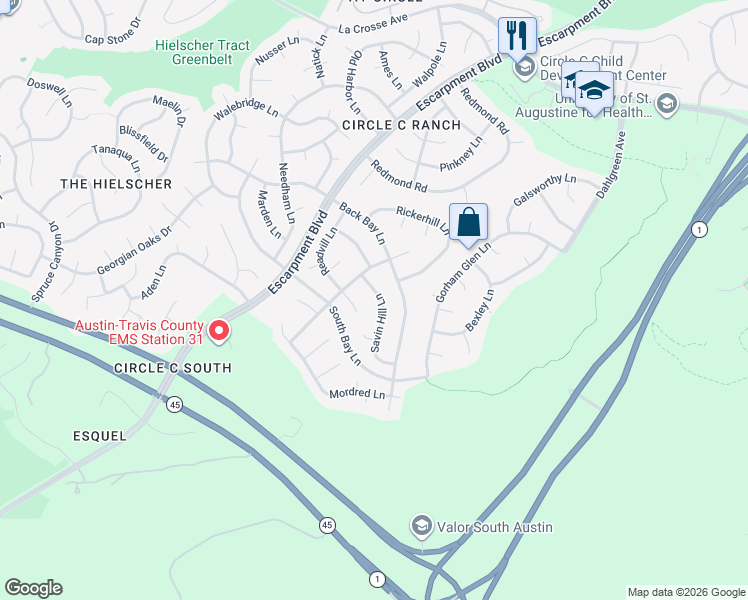 map of restaurants, bars, coffee shops, grocery stores, and more near 11120 Savin Hill Lane in Austin