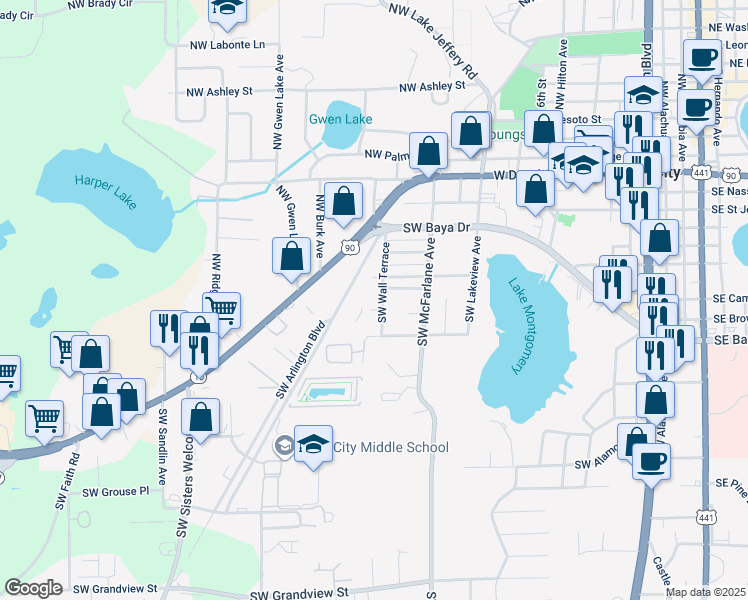 map of restaurants, bars, coffee shops, grocery stores, and more near 338 Southwest Wall Terrace in Lake City