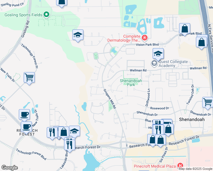 map of restaurants, bars, coffee shops, grocery stores, and more near 11 Langham Court in Shenandoah