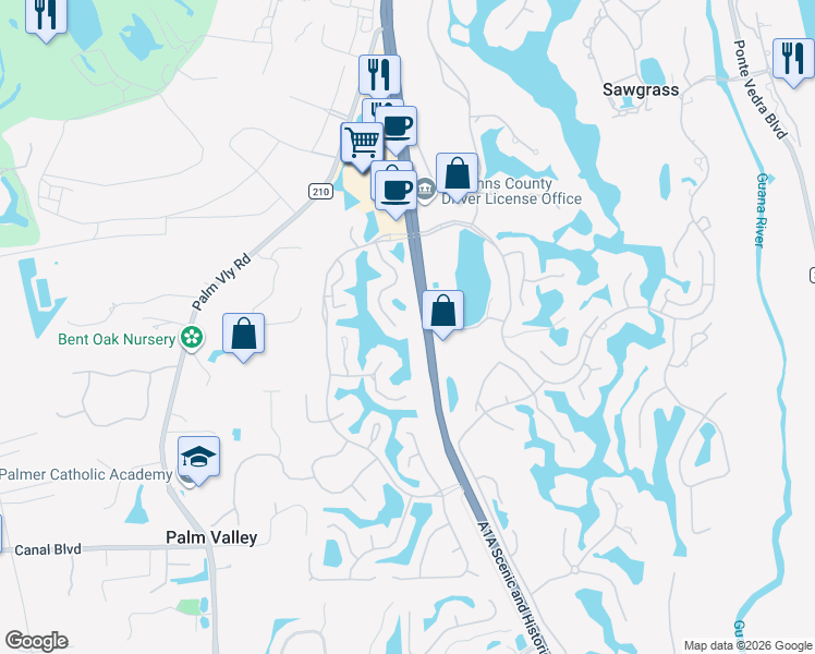 map of restaurants, bars, coffee shops, grocery stores, and more near 836 Tournament Road in Ponte Vedra Beach