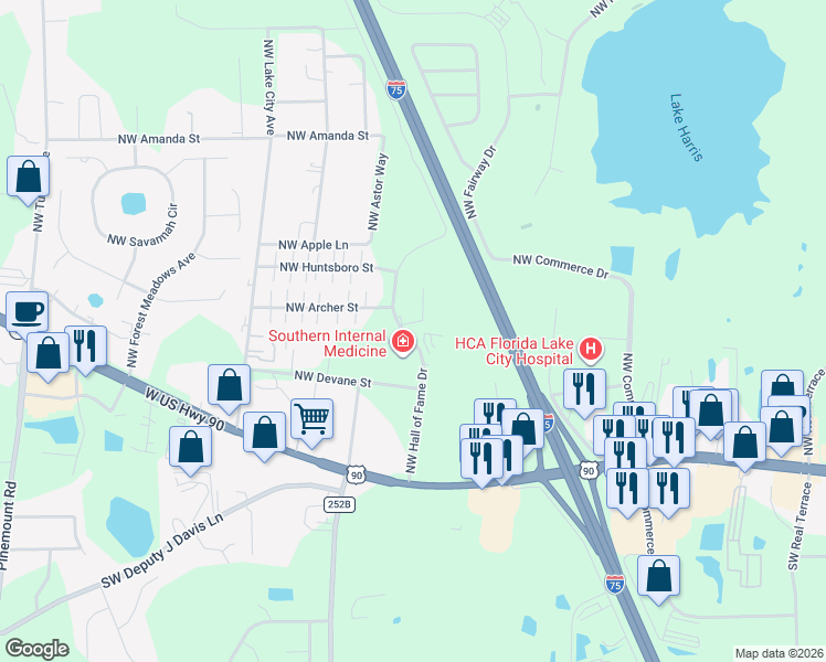 map of restaurants, bars, coffee shops, grocery stores, and more near 404 Northwest Hall of Fame Drive in Lake City