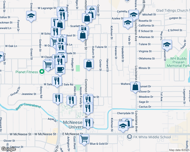map of restaurants, bars, coffee shops, grocery stores, and more near 4009 Auburn Street in Lake Charles