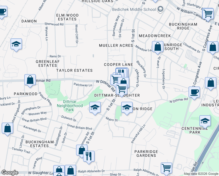 map of restaurants, bars, coffee shops, grocery stores, and more near 635 West Dittmar Road in Austin
