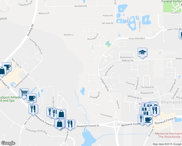map of restaurants, bars, coffee shops, grocery stores, and more near 30 Patina Pines Place in Spring