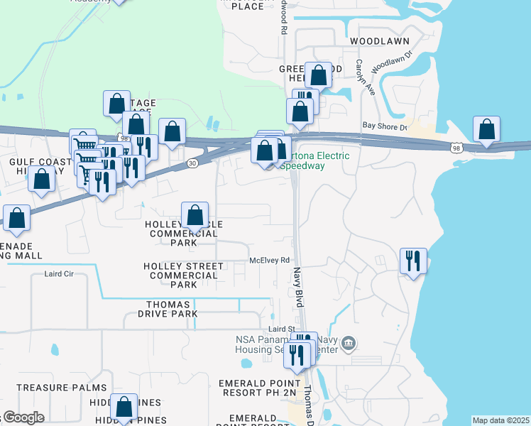 map of restaurants, bars, coffee shops, grocery stores, and more near 7110 London Street in Panama City Beach