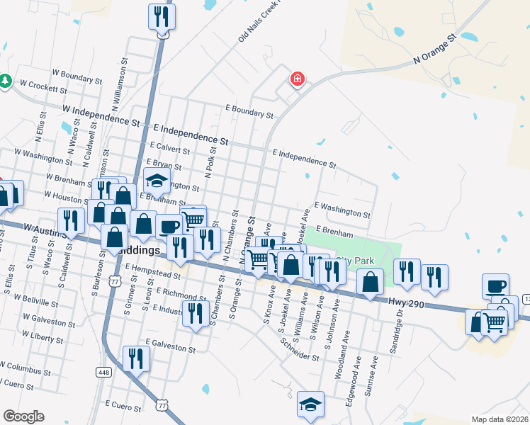 map of restaurants, bars, coffee shops, grocery stores, and more near 411 North Manse Avenue in Giddings