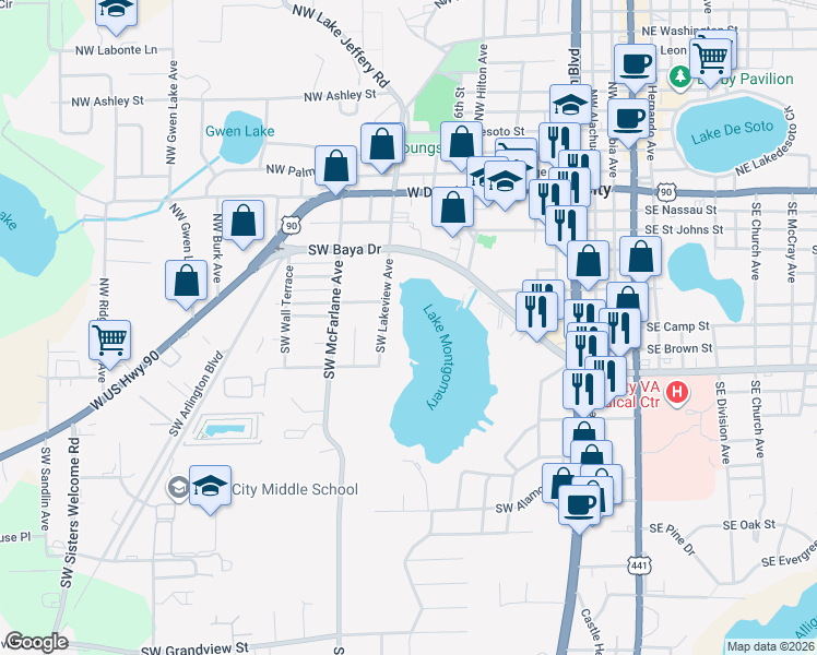 map of restaurants, bars, coffee shops, grocery stores, and more near 419 Southwest Lakeview Avenue in Lake City