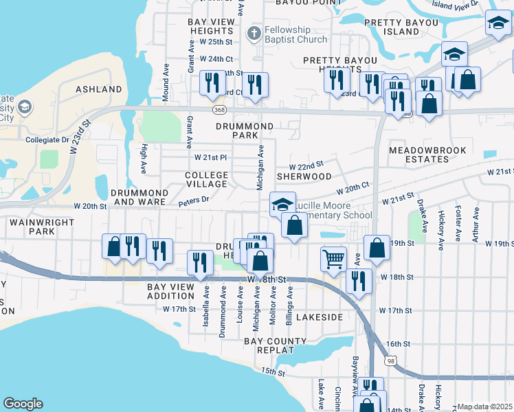 map of restaurants, bars, coffee shops, grocery stores, and more near 3701 Burnham Way in Panama City