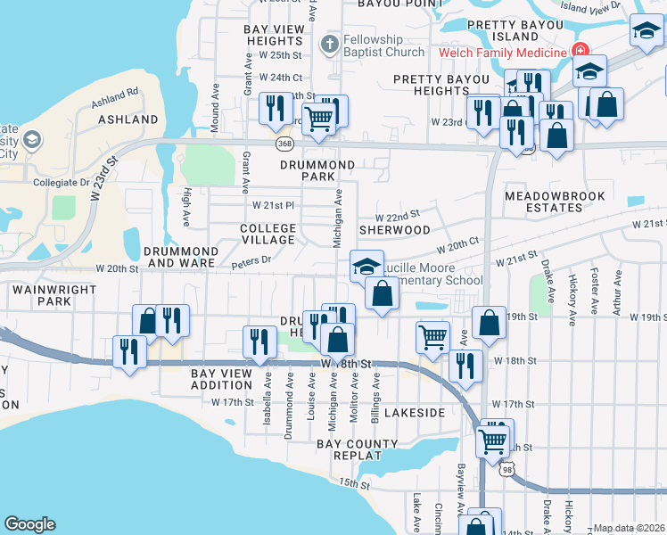 map of restaurants, bars, coffee shops, grocery stores, and more near 3701 Burnham Way in Panama City