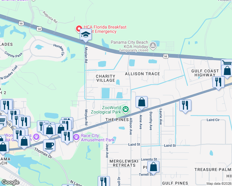 map of restaurants, bars, coffee shops, grocery stores, and more near 1957 Allison Ave in Panama City Beach