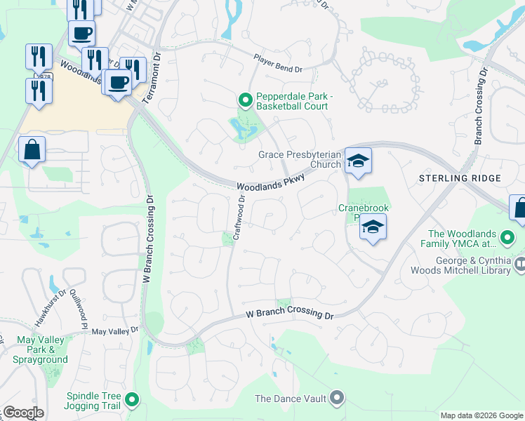 map of restaurants, bars, coffee shops, grocery stores, and more near 27 English Lavender Place in Spring
