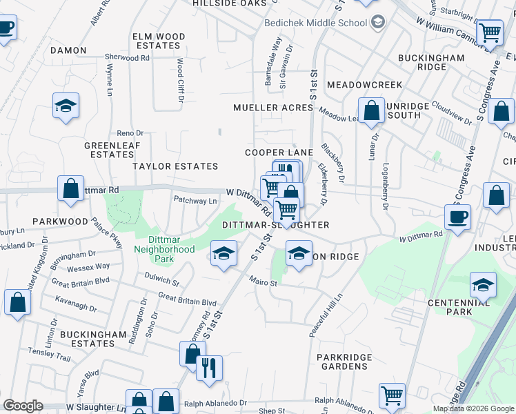 map of restaurants, bars, coffee shops, grocery stores, and more near 635 West Dittmar Road in Austin