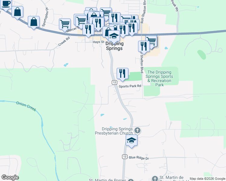 map of restaurants, bars, coffee shops, grocery stores, and more near 100 A B Chestnut Road in Dripping Springs