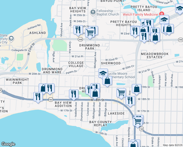 map of restaurants, bars, coffee shops, grocery stores, and more near 3701 Burnham Way in Panama City