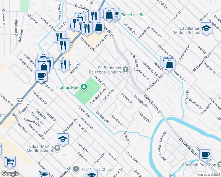 map of restaurants, bars, coffee shops, grocery stores, and more near 610 Dutton Drive in Lafayette