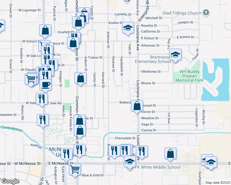 map of restaurants, bars, coffee shops, grocery stores, and more near 4016 Swanee St in Lake Charles