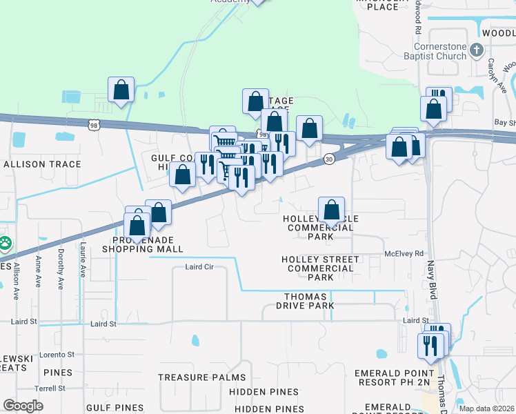 map of restaurants, bars, coffee shops, grocery stores, and more near 2125 Sterling Cove Boulevard in Panama City Beach