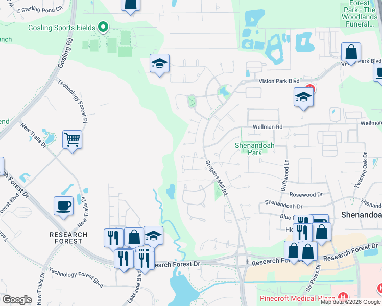 map of restaurants, bars, coffee shops, grocery stores, and more near 30 Patina Pines Place in Spring
