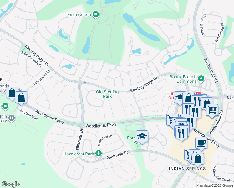 map of restaurants, bars, coffee shops, grocery stores, and more near 6 North Chantsong Circle in Spring