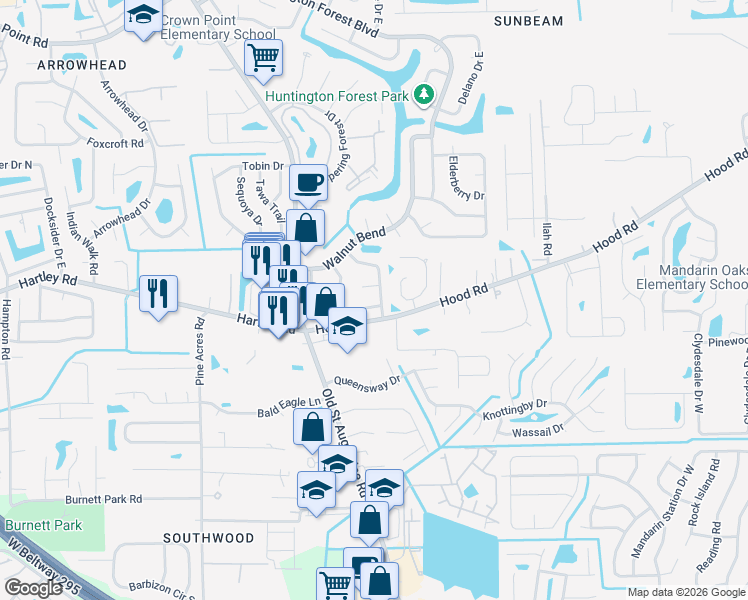 map of restaurants, bars, coffee shops, grocery stores, and more near 10576 Castlebrook Drive in Jacksonville