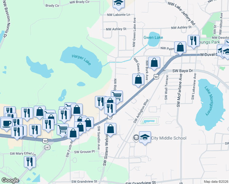 map of restaurants, bars, coffee shops, grocery stores, and more near in Lake City
