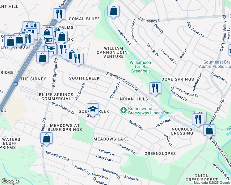 map of restaurants, bars, coffee shops, grocery stores, and more near 2301 Bendridge Trail in Austin