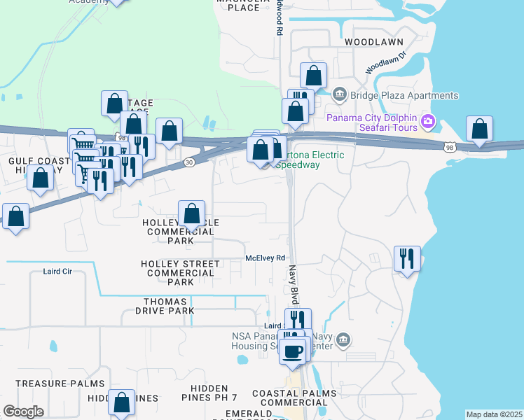 map of restaurants, bars, coffee shops, grocery stores, and more near 7121 Buck Lane in Panama City