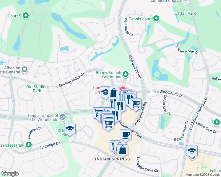 map of restaurants, bars, coffee shops, grocery stores, and more near 6820 Lake Woodlands Drive in Spring
