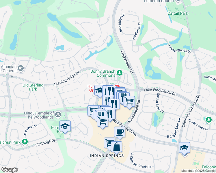 map of restaurants, bars, coffee shops, grocery stores, and more near 6801 Lake Woodlands Drive in Spring
