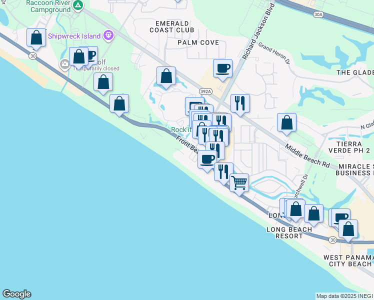 map of restaurants, bars, coffee shops, grocery stores, and more near 11347 Front Beach Road in Panama City Beach