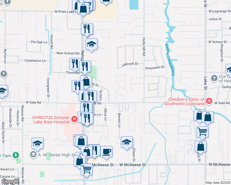 map of restaurants, bars, coffee shops, grocery stores, and more near 4001 Stephen Drive in Lake Charles