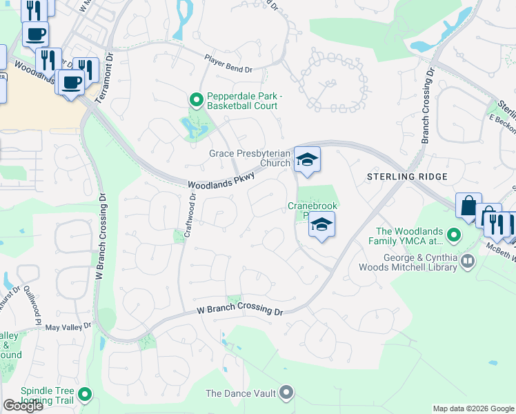 map of restaurants, bars, coffee shops, grocery stores, and more near 151 South Queenscliff Circle in The Woodlands